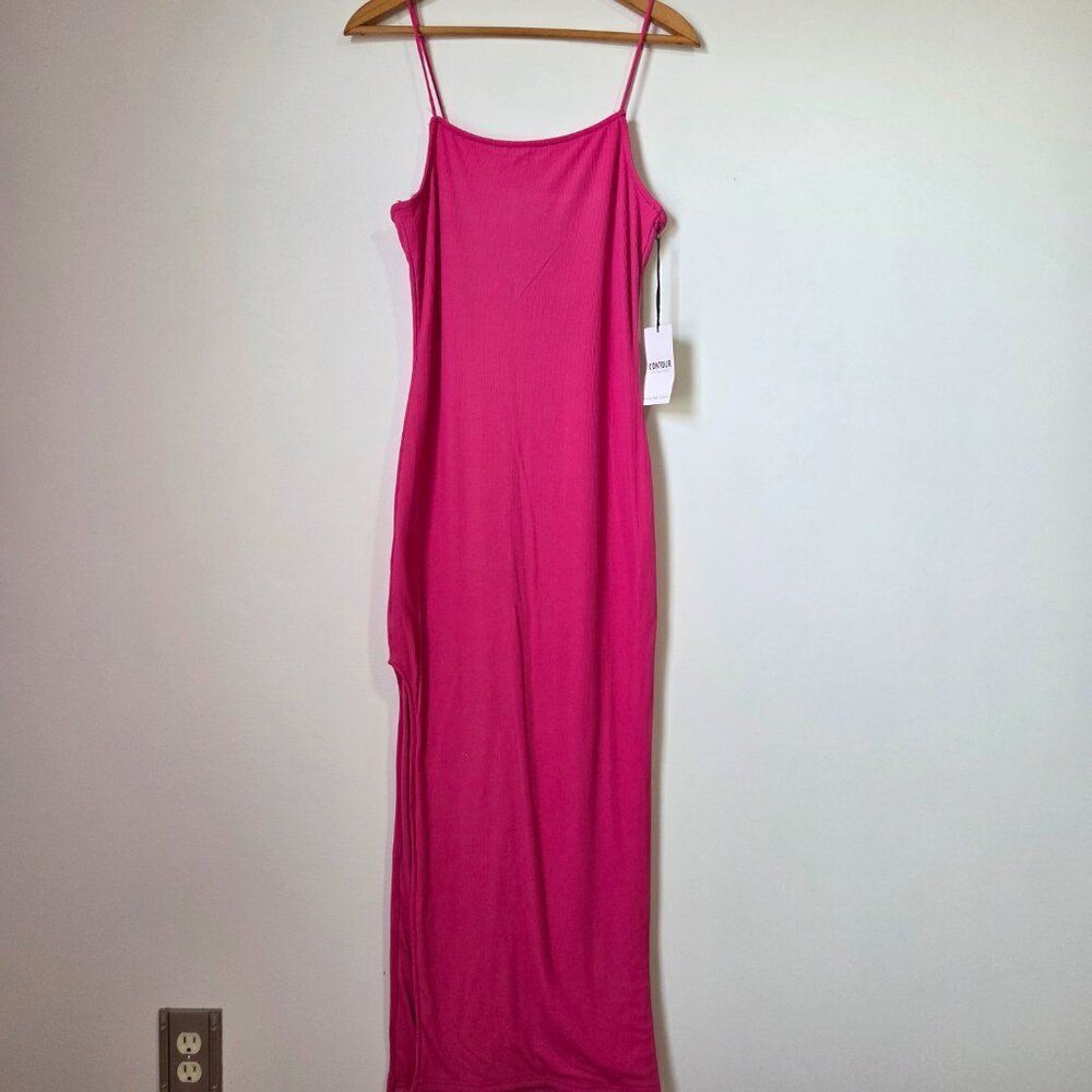 NWT BIRCH AND STONE HOT PINK RIBBED TANK BODYCON MAXI DRESS SLIT SIDE Sz LARGE